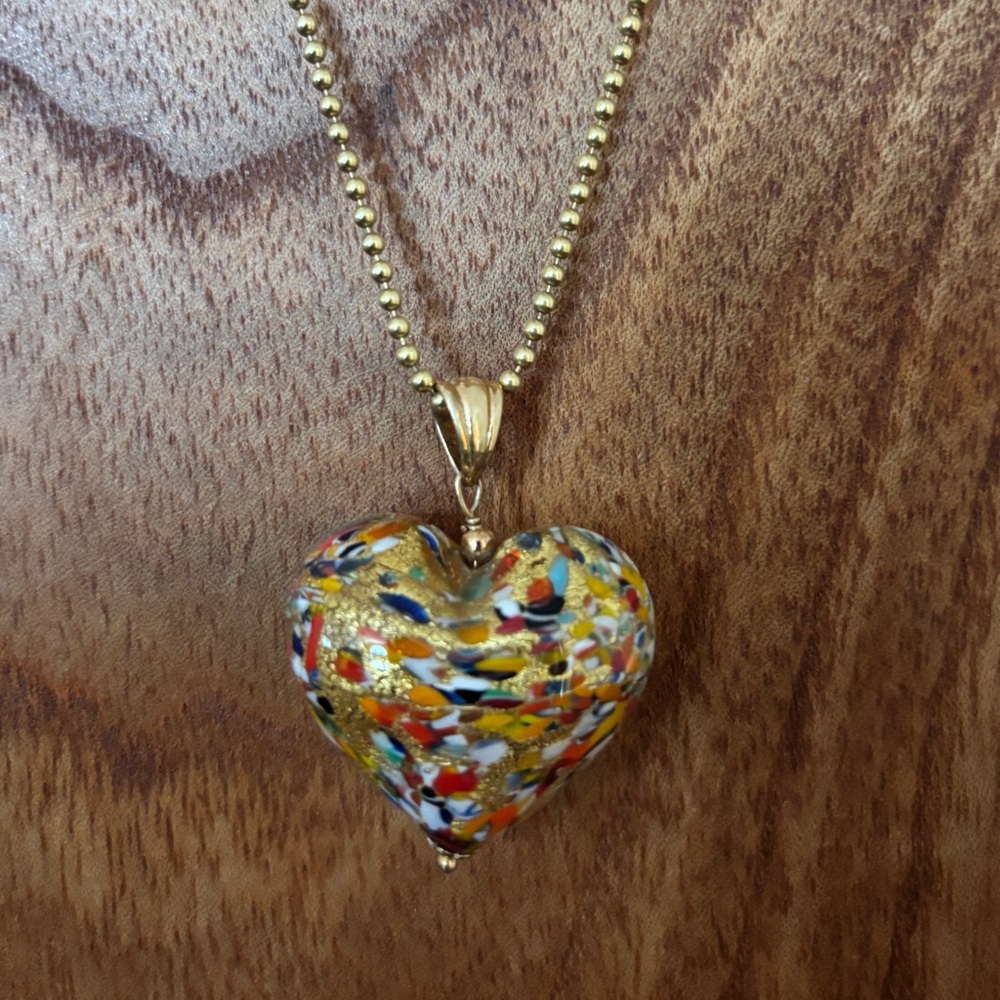 Murano multi colored glass and Gold Heart Pendant Necklace 17”